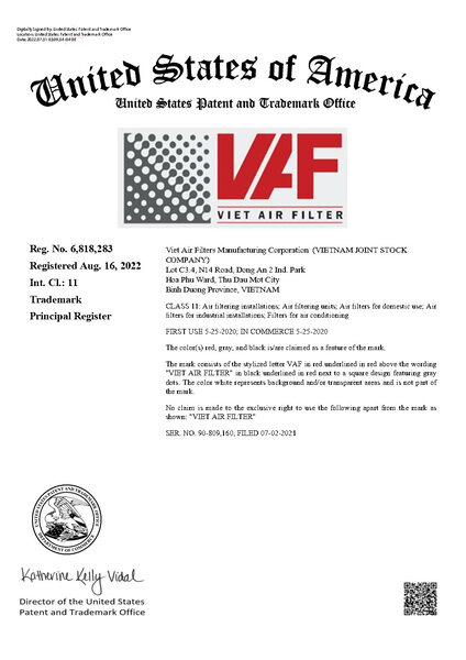 VAF Certificate - Viet Air Filter - Công Ty Cổ Phần Sản Xuất Lọc Khí Việt